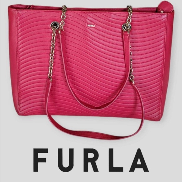 Furla Handbags - FURLA Genuine Leather Swing M Tote Shoulder Bag Red Quilted with Chain